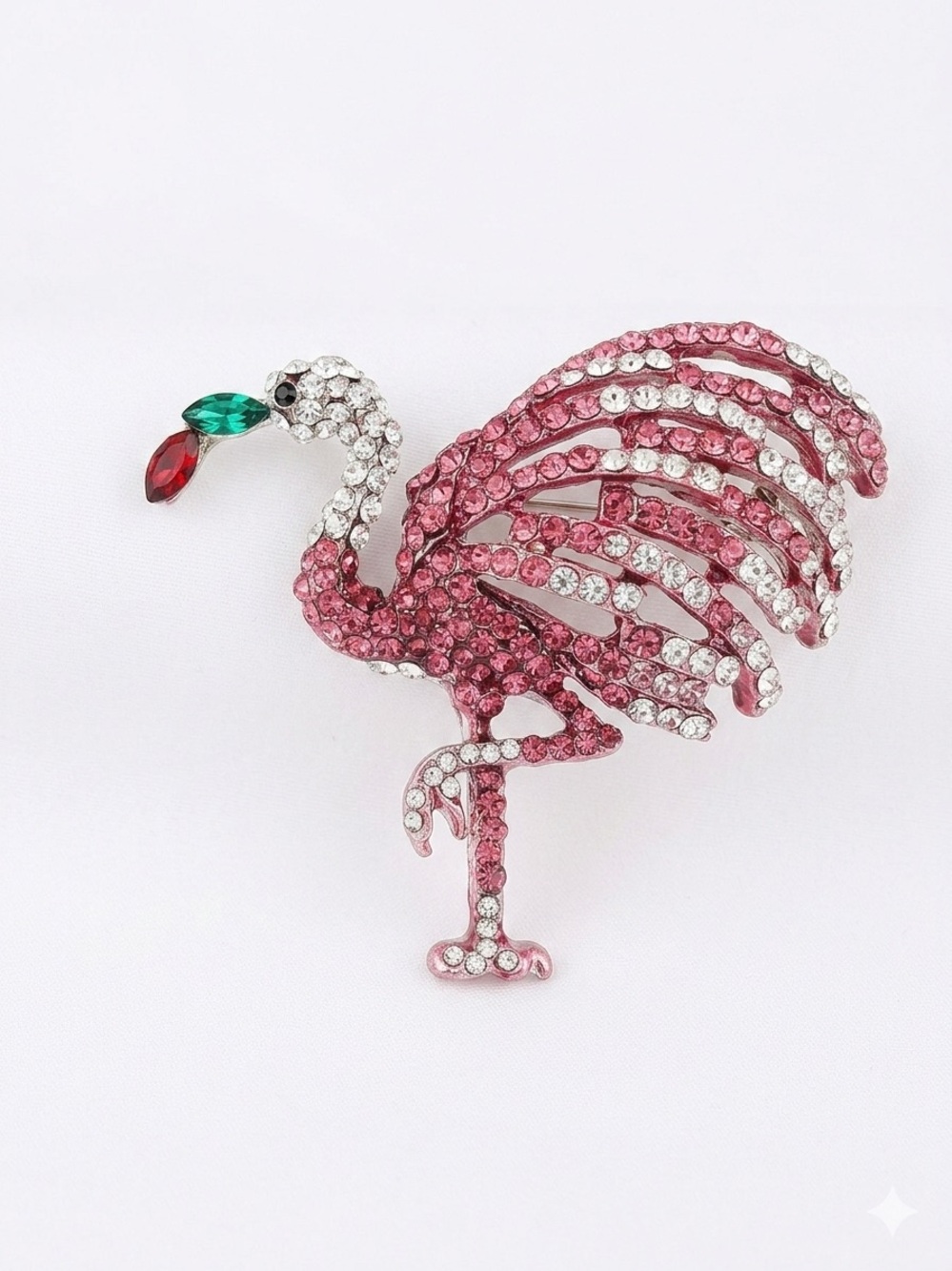 Pink Crystal Flamingo Brooch with Red & Green Accents